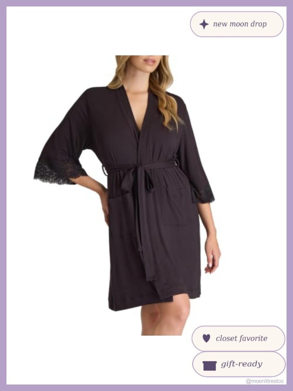 Soft Breathable Bathrobe with Pockets Adjustable Waist Lace Trim
